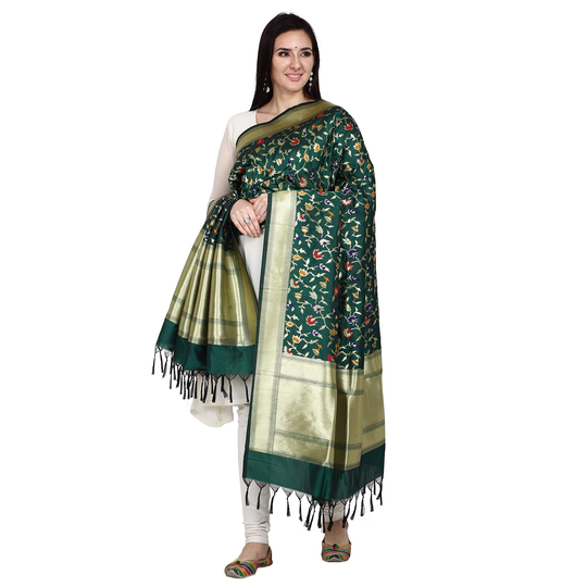 Women's Woven Silk Blend Zal Banarasi Dupatta/Chunni, Free Shipping Color-Dark Green