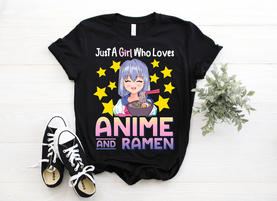 Just A Girl Who Loves Anime & Ramen T-Shirt, Manga Lover Gift Tshirt, Japanese Cosplay Fan Shirt Food Decals Birthday Present Tee Shirts