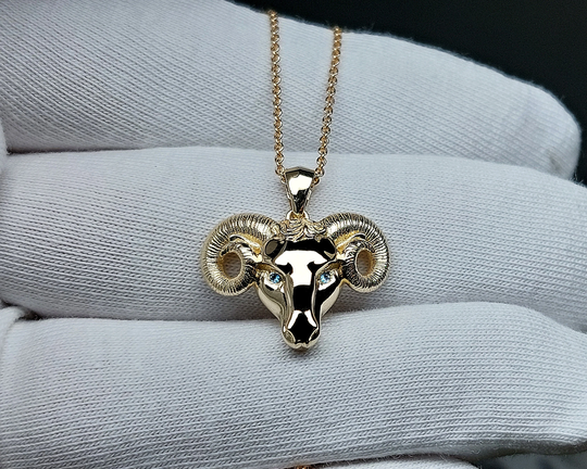 14K Solid Gold Aries Necklace/Pendant Set With Aquamarine Eyes