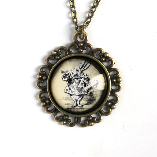 Alice in Wonderland White Rabbit Large Pendant Necklace Ornate Frame