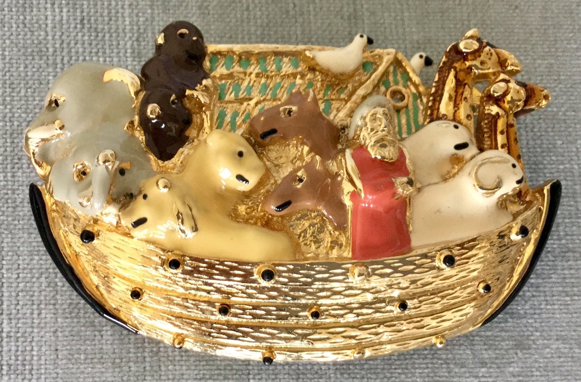 Vintage Mimi Di N Signed Noah's Arc Belt Buckle Multicolor Enamel Gold Metal Designer Runway Couture Huge Figural Animalier