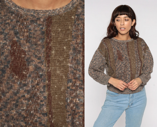 Brown Striped Sweater 80S Knit Acrylic Wool Blend Pullover Nerd Grunge Vintage Knitwear Preppy Retro 1980S Cozy Slouchy Medium M