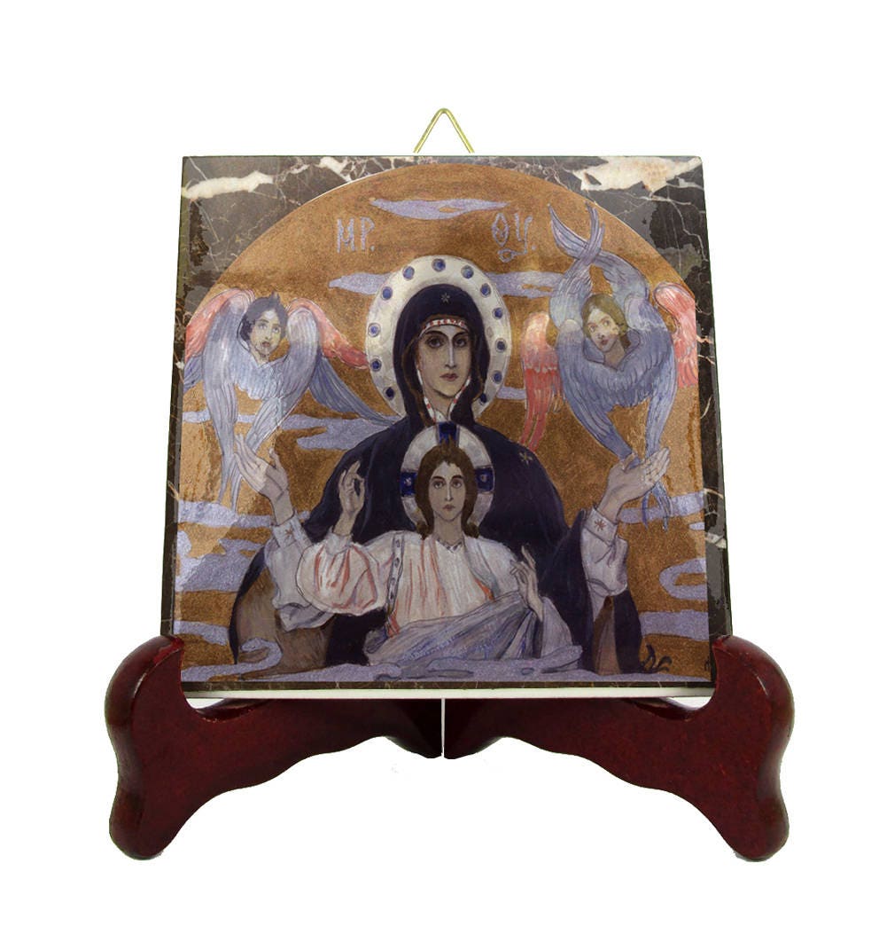 Christian Icons - The Virgin Of The Sign Religious Icon On Tile Handmade Nesterov Mary Art Gifts