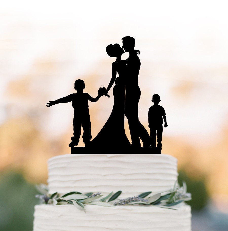 Family Wedding Cake Topper With Two Boys, Bride & Groom Silhouette Unique Wedding Cake Decor, Funny Child, Kids