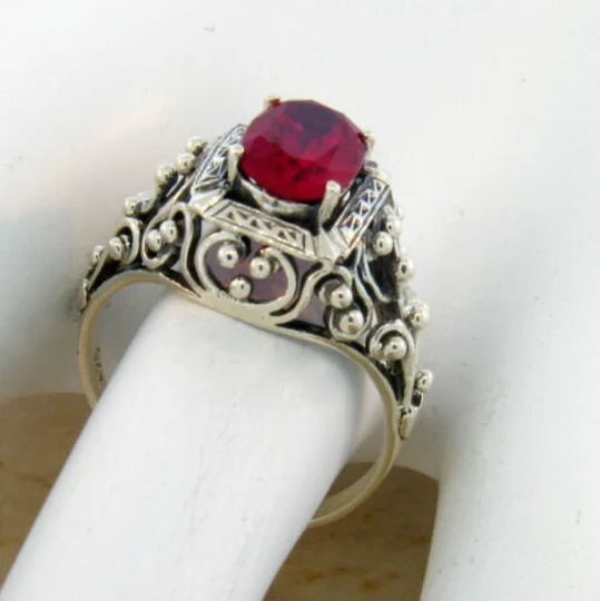 Vintage Estate Lab Created Ruby Solitaire Filigree Ring in 925 Solid Sterling Silver 211