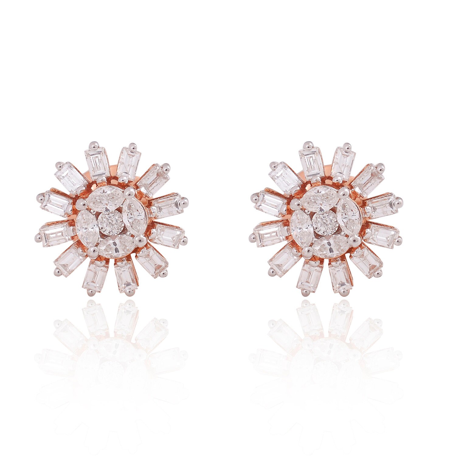 On Sale 1.00 Tcw Natural Hi/Si Baguette Diamond Starburst Stud Earrings 14K Rose Gold Handmade Jewelry Gifts For Mom