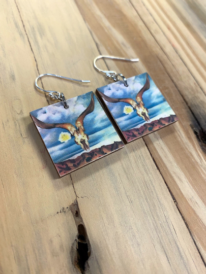 Georgia O'keeffe Ram's Head Earrings Hollyhock Print Sealed Double Side Image On Lightweight Recycled Wood Pendant With Sterling French Wire