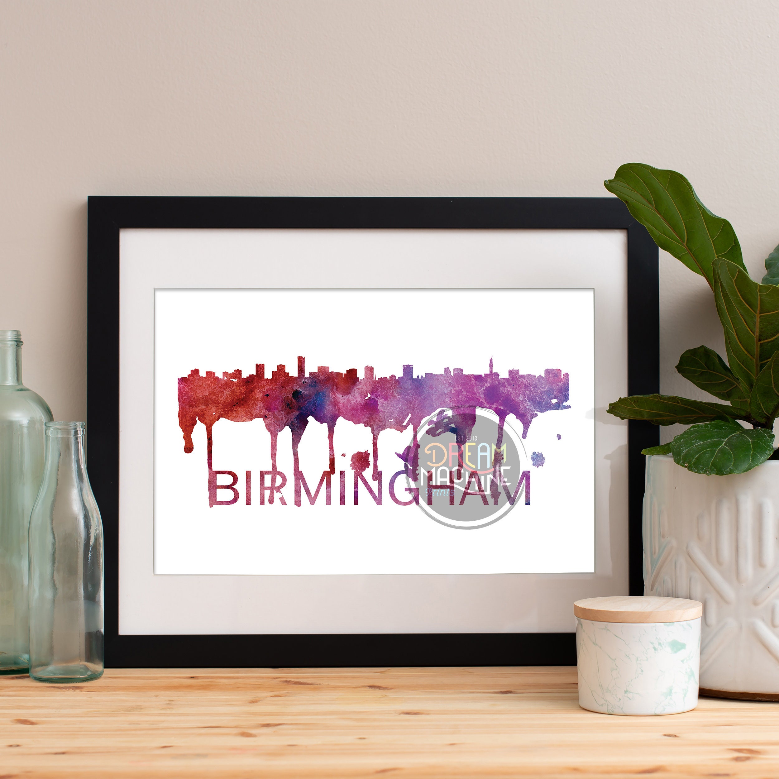 Birmingham Watercolor Skyline, Art, Poster, Print, Map