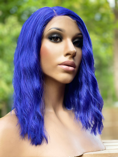 Human Hair Blend Wig Royal Blue Short Wavy Bob 12" Lace Front Middle Part