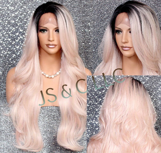 Human Hair Blend Lace Front Wig Long Wavy Layered Pink Black Rose Gold Heat Ok Cancer/Alopecia/Cosplay