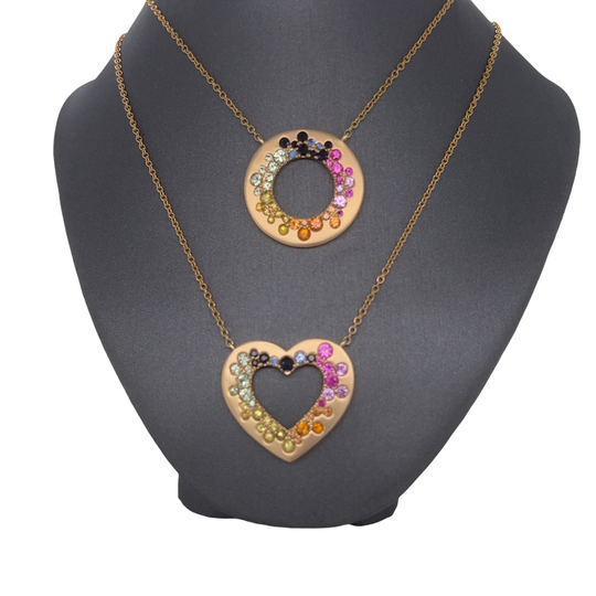 14K Gold, Bezel Set, Multi Sapphire, Satin Gold, Heart, Circle, Charm Necklaces