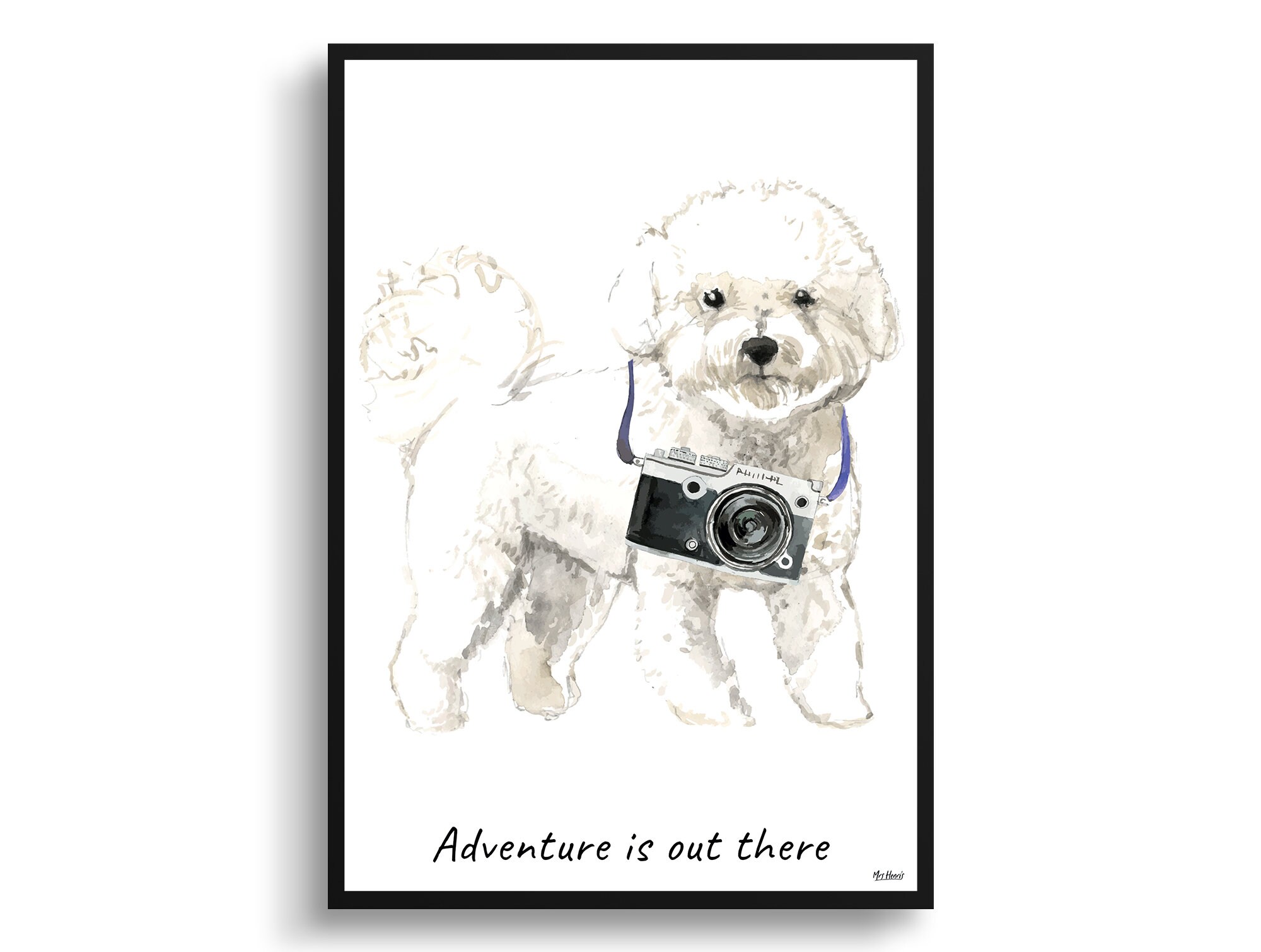 Adventure Is Out There Bichon Frise Dog Print Illustration. Framed & Un-Framed Wall Art Options. Personalised Name
