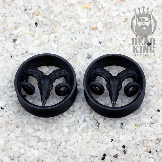 A Pair Of Ram Skull Round Black Earplugs. Unique Ear Tunnels. Lightweight Plugs. Double Flare Plugs