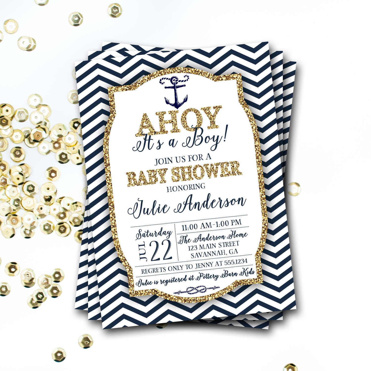 Nautical Baby Shower Invitation, Boy Ahoy It's A Boy, Preppy Invitation