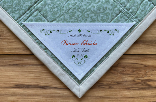 Large Corner Quilt Label, Personalized Sewing Labels, Handmade Cut-Out Green Shamrock