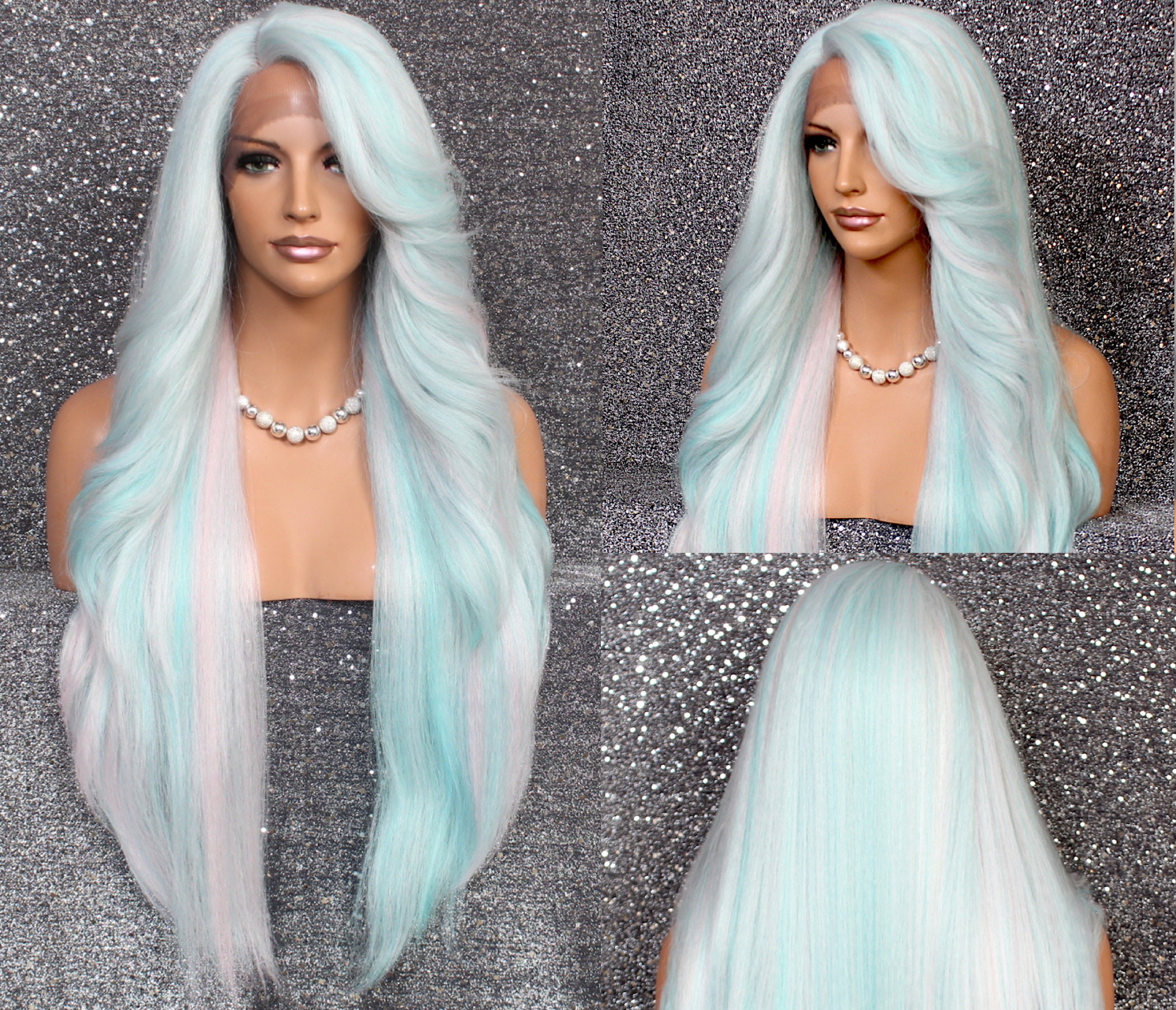 Human Hair Blend Full Lace Front Wig Feathered Sides Swept Bangs Hand Tied Mono Side Part Blue White Pink Mix Color Cancer/Alopecia/Cosplay