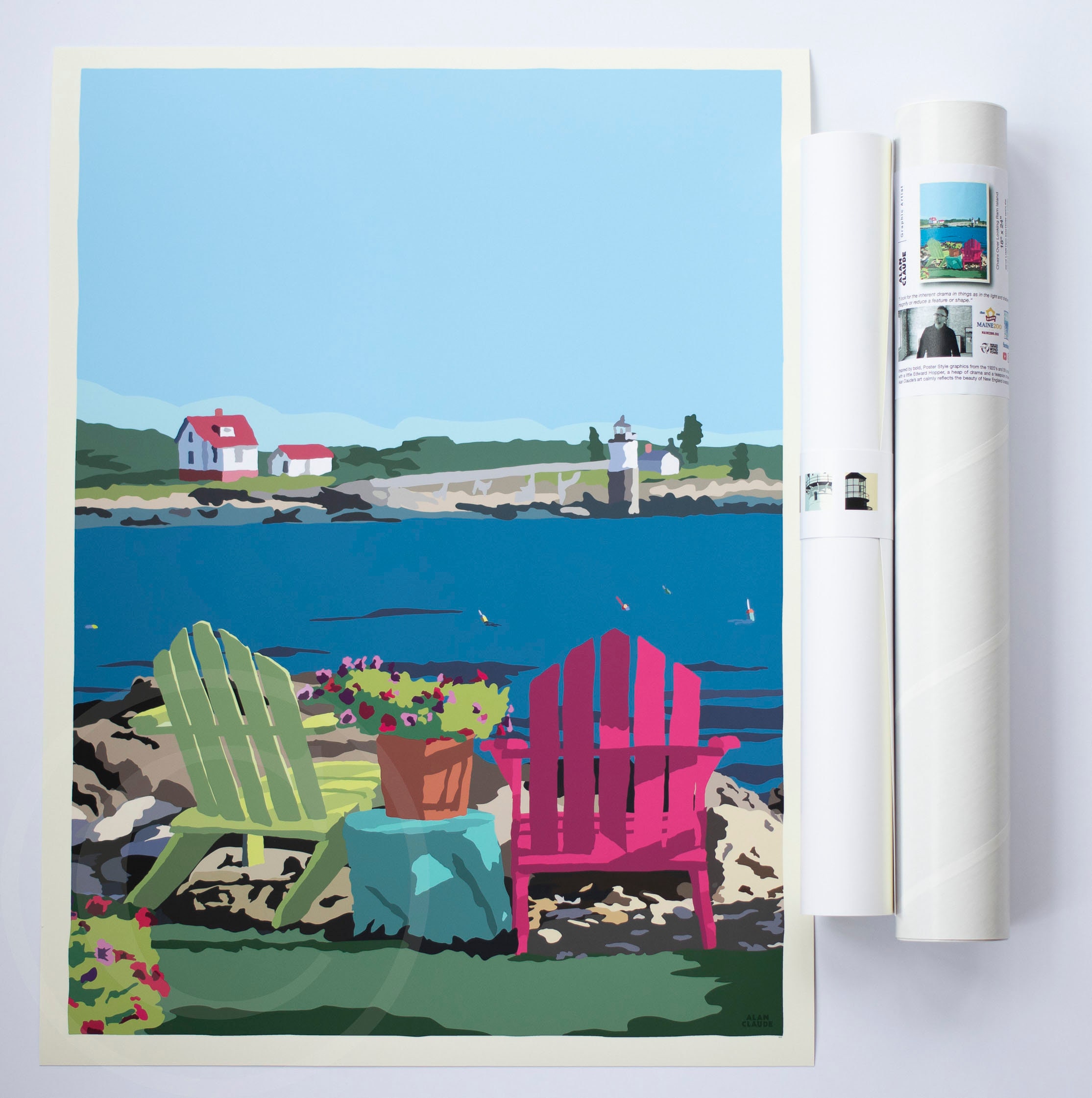Chairs Over Looking Ram Island Art Print 18x24 Wall Poster By Alan Claude - Maine"