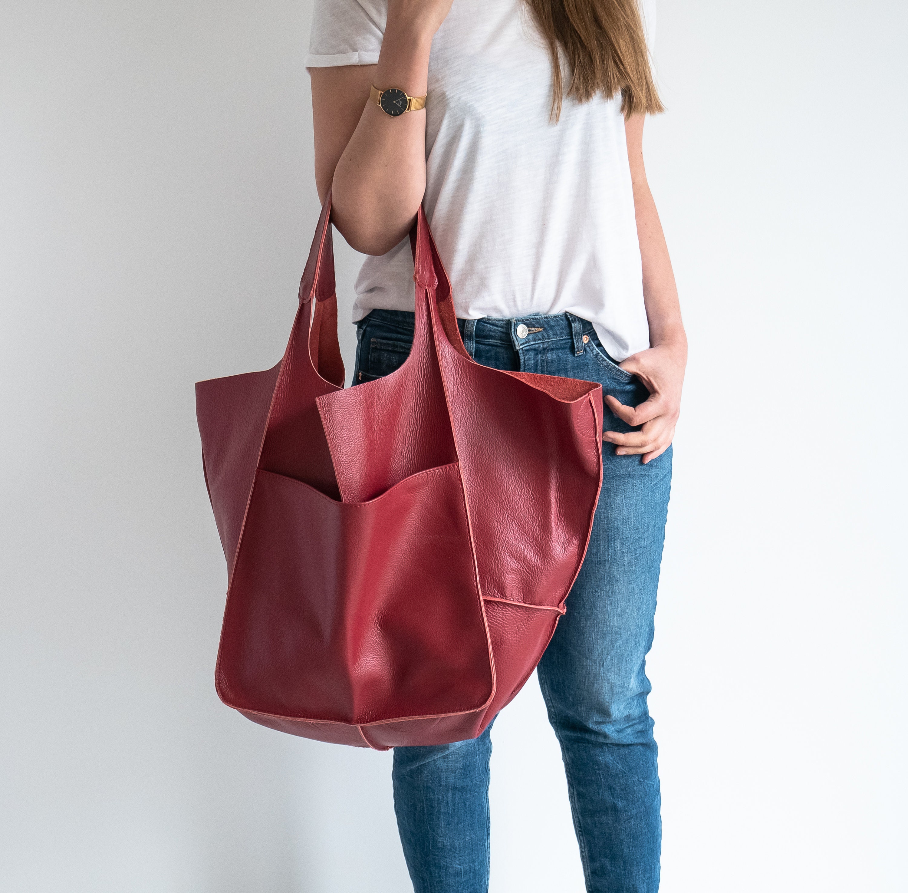 Red Oversize Handbag, Leather Women Purse, Shoulder Bag, Hobo Dark Red Large Tote, Everyday Tote At