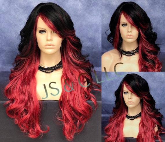 Black Red Human Hair Blend Long Wig Wavy Curly Bangs Off Center Part Heat Safe Cancer Alopecia Theater Cosplay Stunning