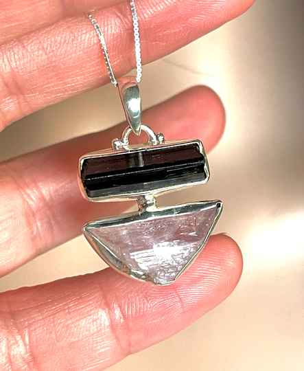 Pink, Kunzite, Black Tourmaline, Pendant Necklace, in Sterling Silver