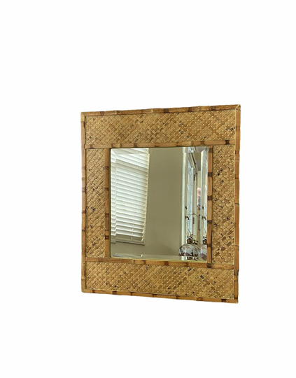 Vintage Hollywood Regency Rattan Bamboo Square Mirror Wall