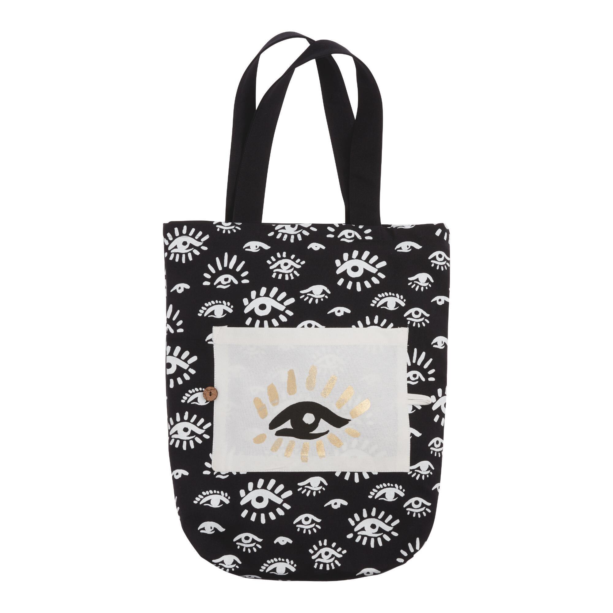 Black, White And Gold Evil Eye Canvas Tote Bag: Black/Green/White/Gold - Cotton by World Market