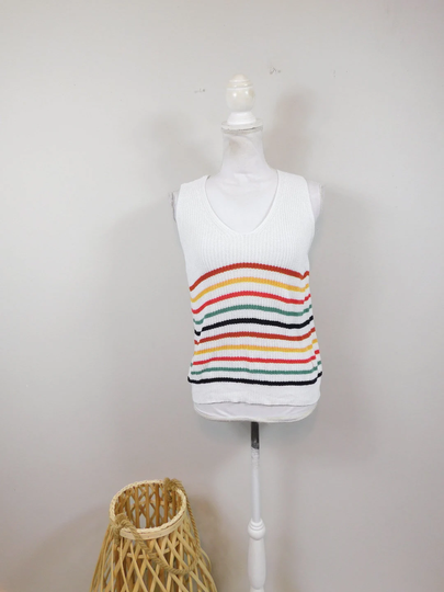 Vintage 80S White Colorful Horizontal Striped Print Knitted V Neck Cotton Blend Sleeveless Sweater Vest Top Xl Plus Size