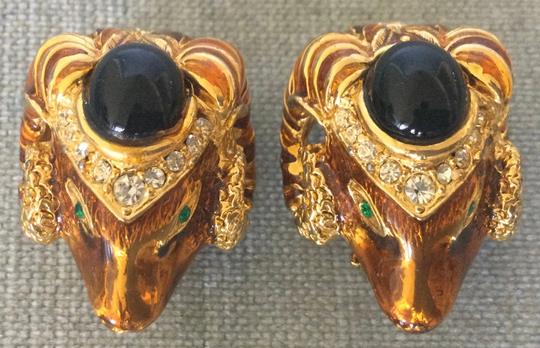Superb Craft Art Deco Jeweled Ram's Head Earrings Enamel Black Cabochon Diamanté Clear Crystals Gold Metal Vintage Designer Runway Couture