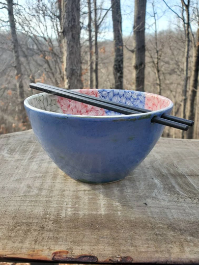 Handmade Noodle Bowl W Chopsticks, Patterned, Drippy Glaze, Rice Stir Fry Bowl, Appx 2 + Cups, Free Shipping