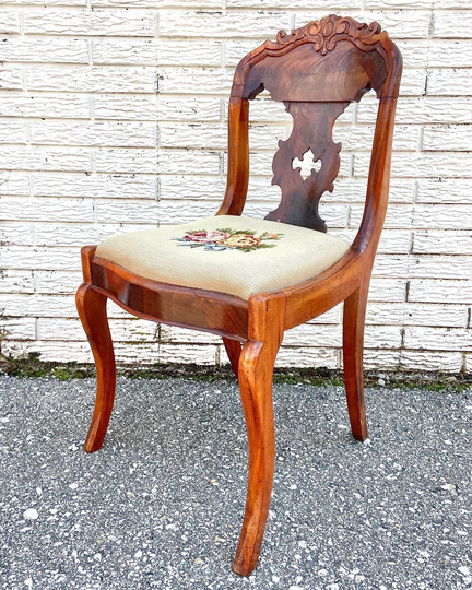 Antique Victorian Carved Flame Mahogany Needlepoint Chair