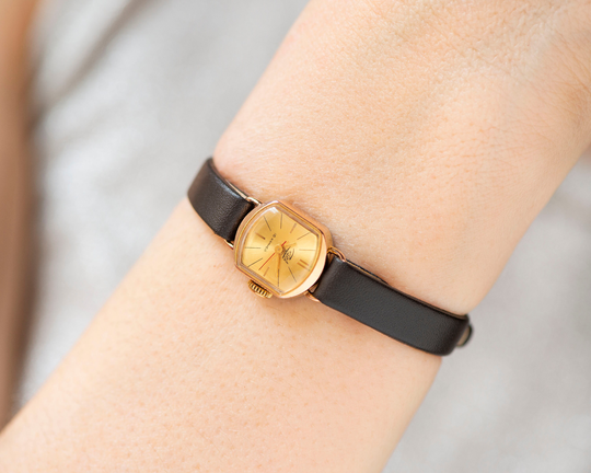 Retro Women Watch Dawn Vintage Timepiece, Gold Plated Micro Wristwatch For Lady Classic Jewelry Gift, Tiny Watch, New Premium Leather Strap