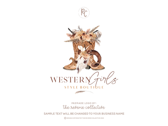 Cowboy Boots Logo, Ram Skull Farm Farmhouse Country Rustic Boho Pampas Grass Premade Logo Design
