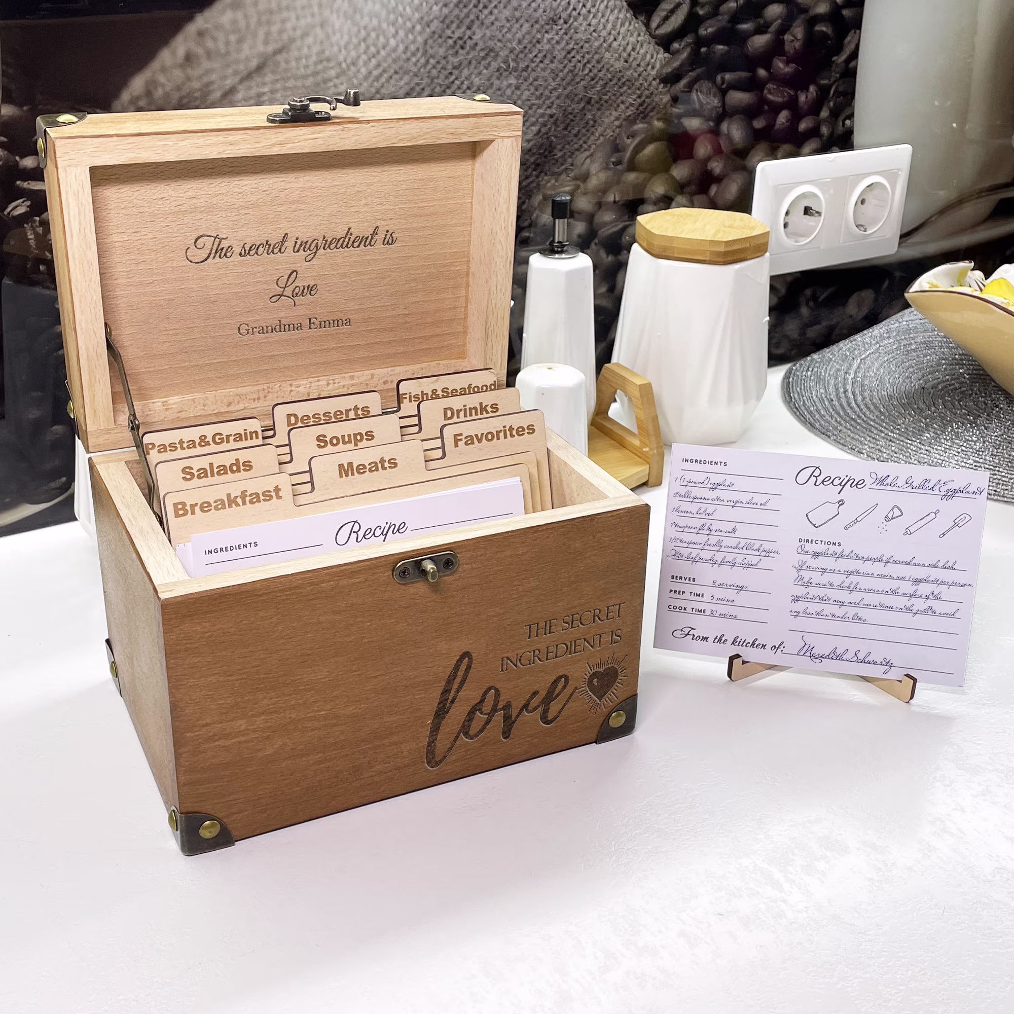 Personalized Recipe Box Engraved Family Recipe & Dividers Cards Housewarming Gift 5Th Anniversary Mothers Day Gift