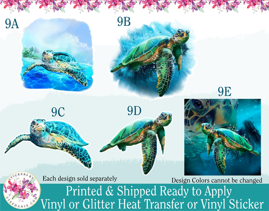Glitter Or Vinyl Heat Transfer Htv Iron On & Sticker | S109 B Watercolor Green Sea Turtle Turtles