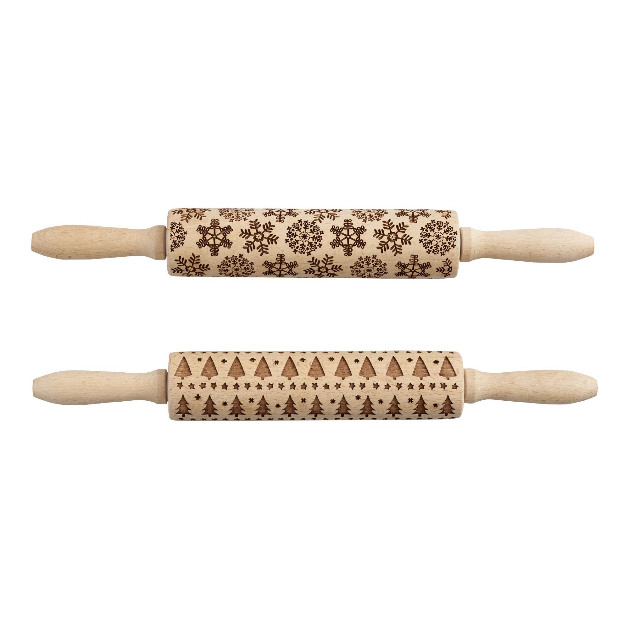 Tree and Snowflake Laser Cut Wood Rolling Pins Set of 2: Natural by World Market