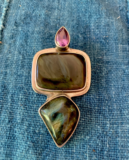70S-80S Obsidian, Amethyst & Sterling Pendant Brooch, Modernist Brooch Pendant, Made in Mexico