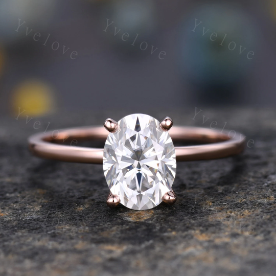 1.5Ct Oval Cut Moissanite Engagement Ring, Solitaire Ring, Plain Band, 6x8mm Diamond Wedding Ring, 14K Gold, Women Promise Ring Anniversary Gift