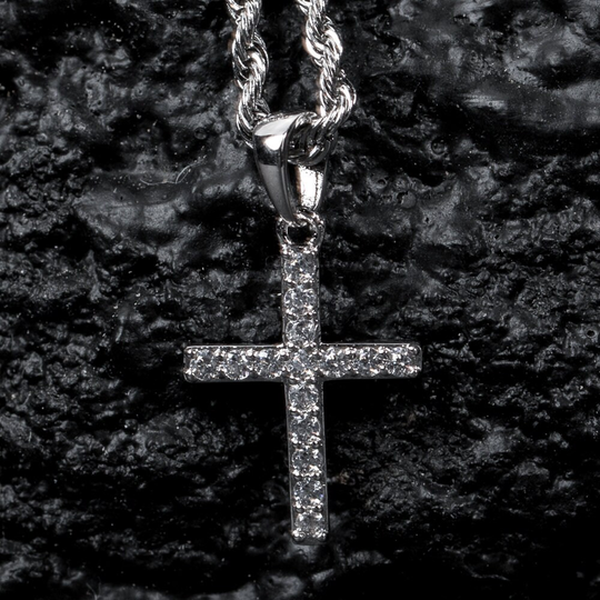 Iced 14K White Gold Plated Micro Mini Cross Pendant Hip Hop Rope Chain Necklace