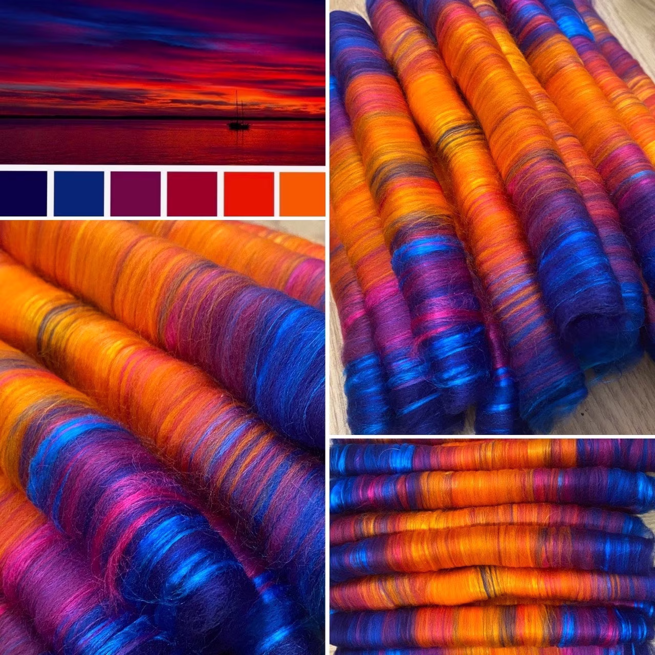 Sweet Rolls - Rolags Punis Hand Blended For Spinning "Napalm Skies" 1 Oz Increments Fiber