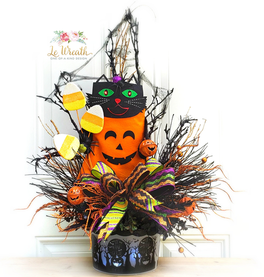 Large Lighted Eye Black Cat Halloween Arrangement, Tall Centerpiece, Table Home Decor, Centerpiece