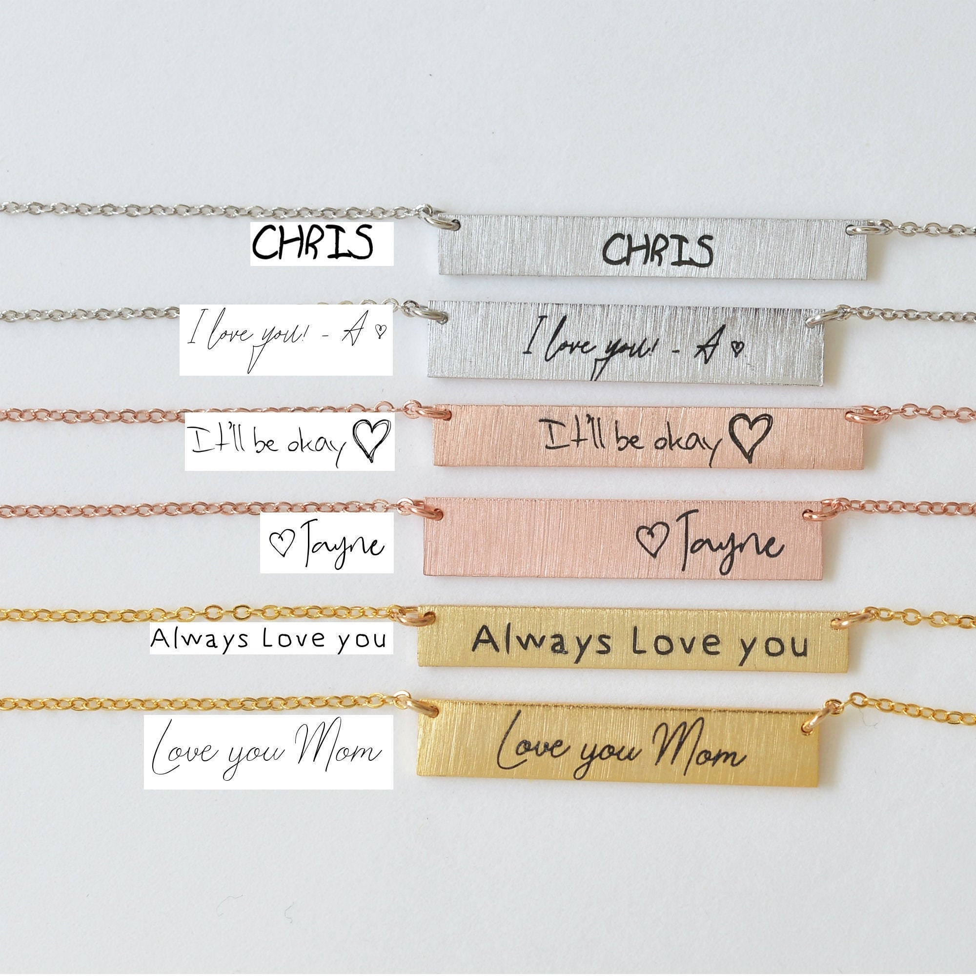 Actual Handwriting Bar Necklace Engraved Jewelry Custom Signature Keepsake Personalized Gift For Her