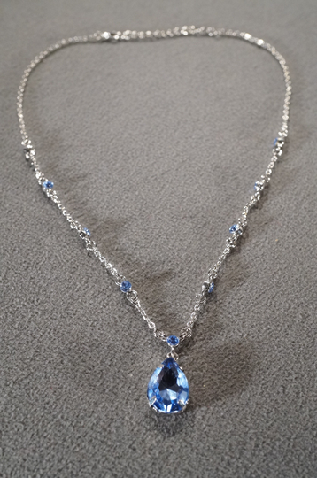 Vintage Art Deco Style Silver Tone Glass Stone Blue Line Link Necklace Pendant Jewelry K#75