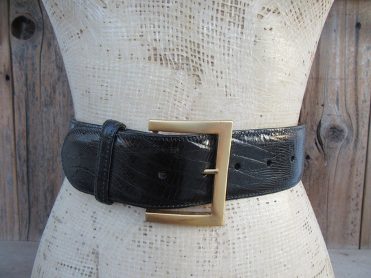80S 90S Wide Lizard Grain Black Leather Waist Belt | Statement With Solid Brass Buckle Minimal Minimalist M 28 To 32
