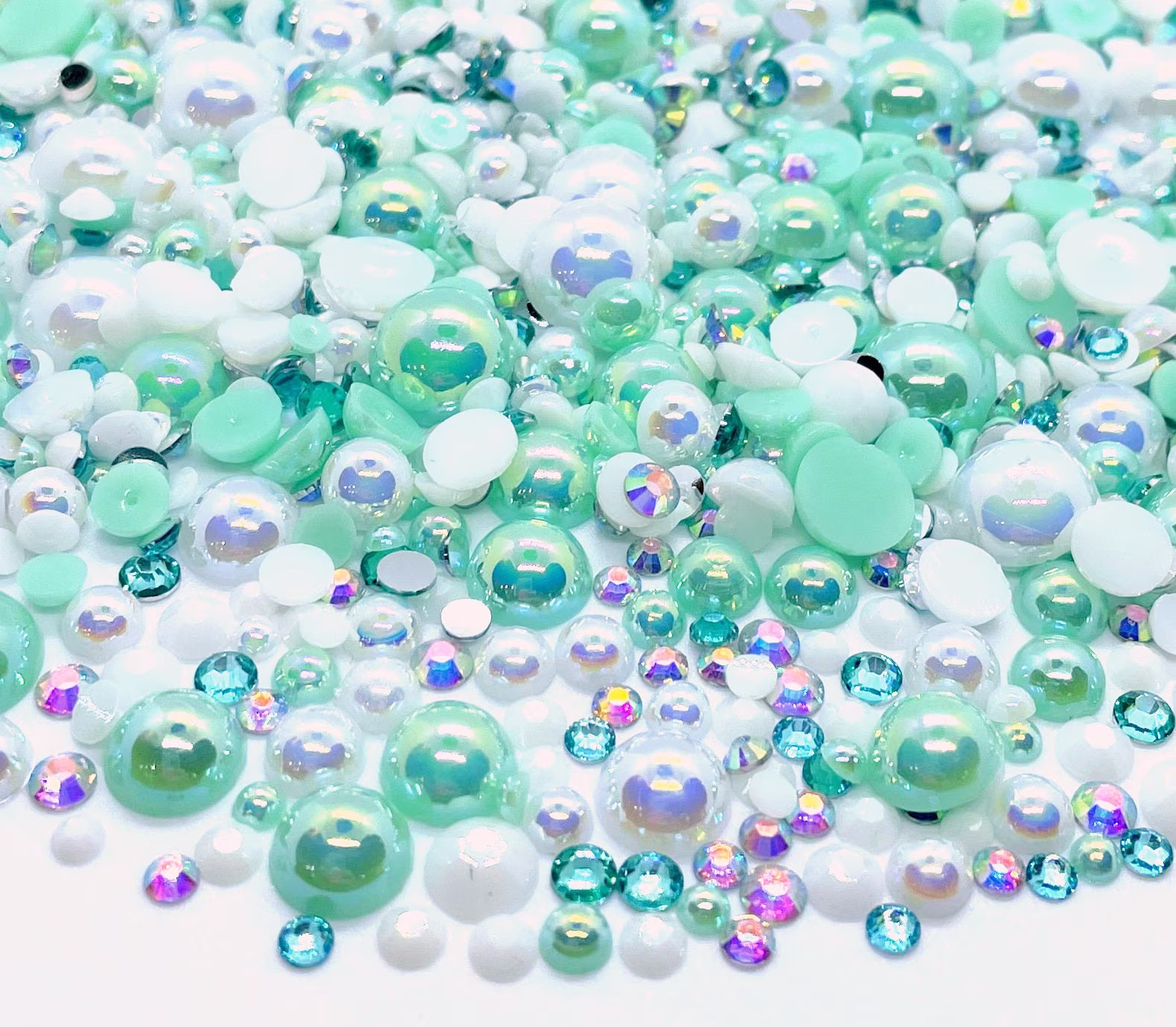 Aquarius Blend Rhinestone Mix 2mm-10mm Flatback Jelly Resin | Faux Pearls Rhinestones Mixed Sizes, Teal White Clear