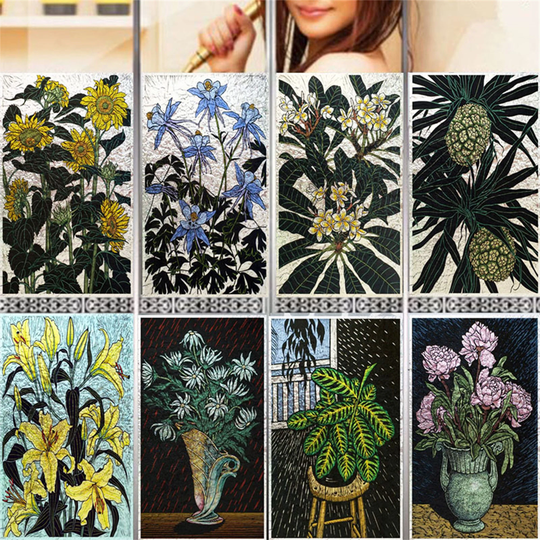 Stained Glass Window Film 3D Frosted Privacy Static Cling Door Stickers Plant Custom Size For Bathroom Office Home Decor