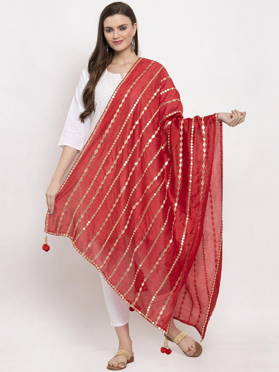 Women's Silk Blend Red Striped Gotta Patti Dupatta Free Shipping