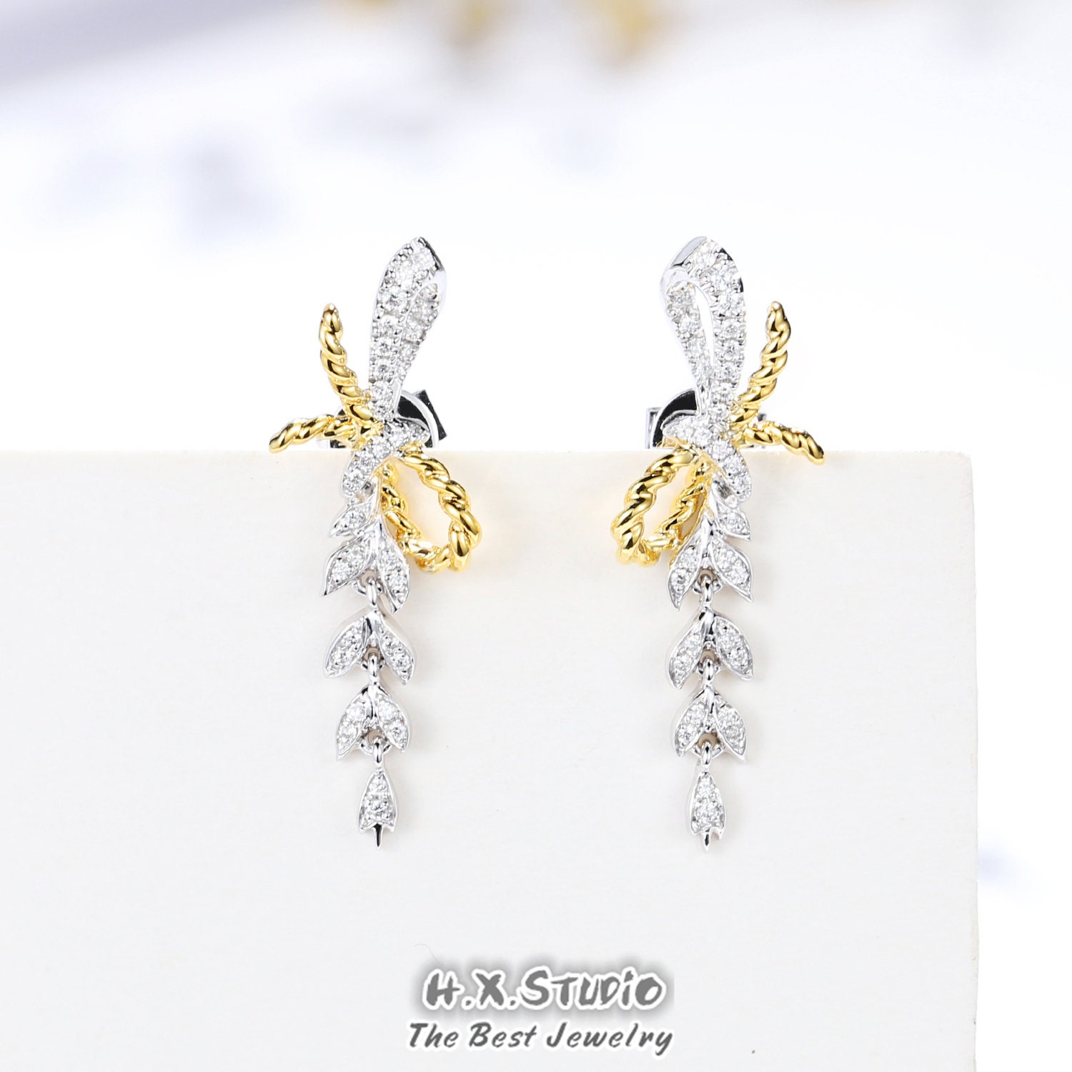 Dainty Diamond Bow Tie Dangle Earrings, Genuine Diamond, Solid 18K Gold, Two-Tone Jewelry, Gift Idea, For Her, Customization Jewelry