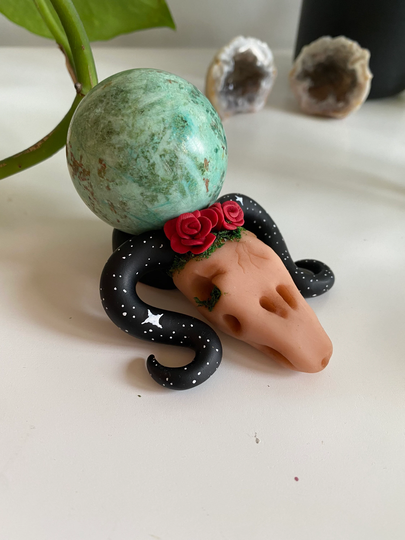 Aries Crystal Sphere Stand, Ram Holder, Ball Zodiac, Polymer Clay Skull