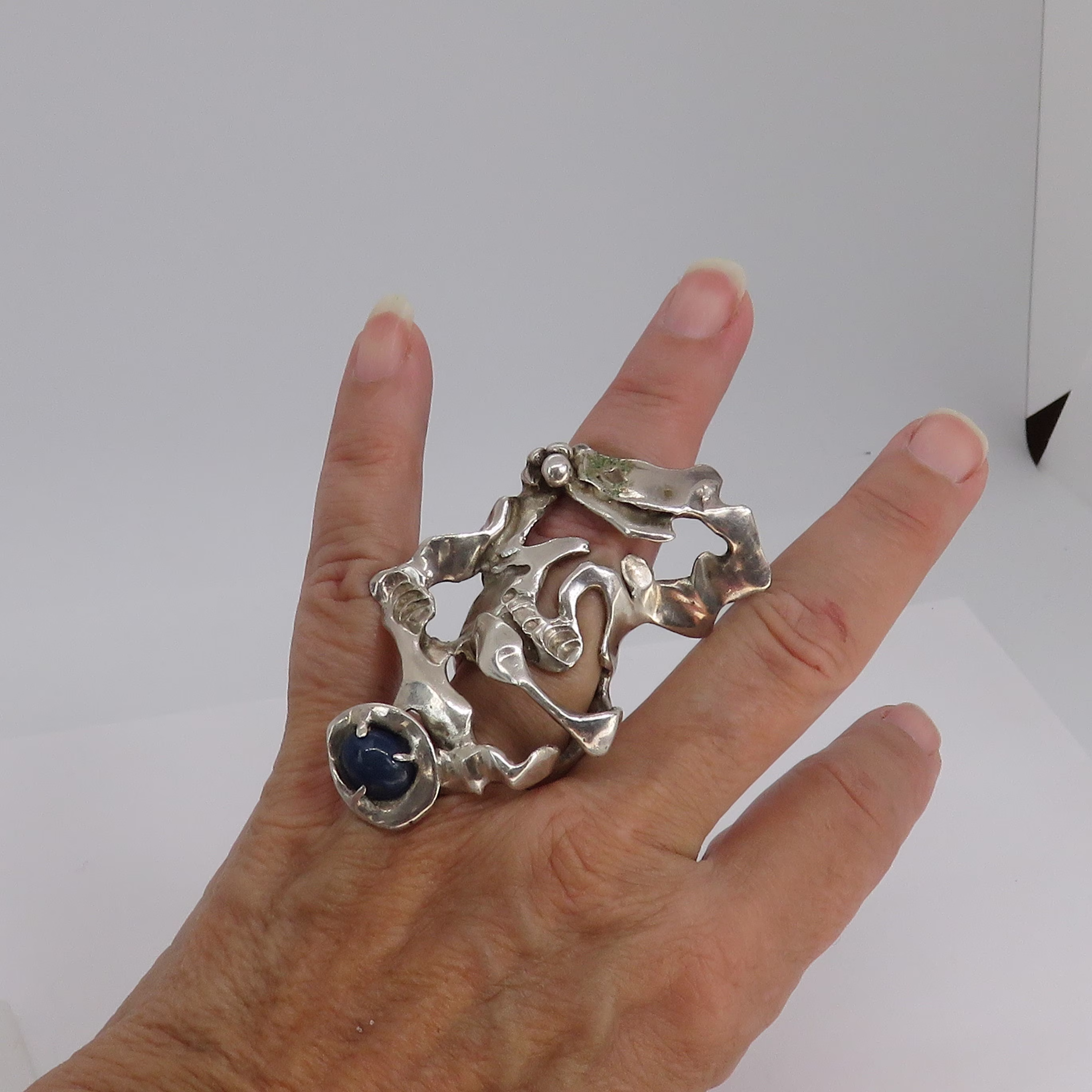 Vintage Huge Brutalist Modernist Abstract Blue Jade Sterling Silver Ring. Size 6. Signed Basha