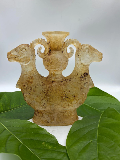 Beautiful Collectible Piece Ancient Old 2 Ram Head Glass Rhyton
